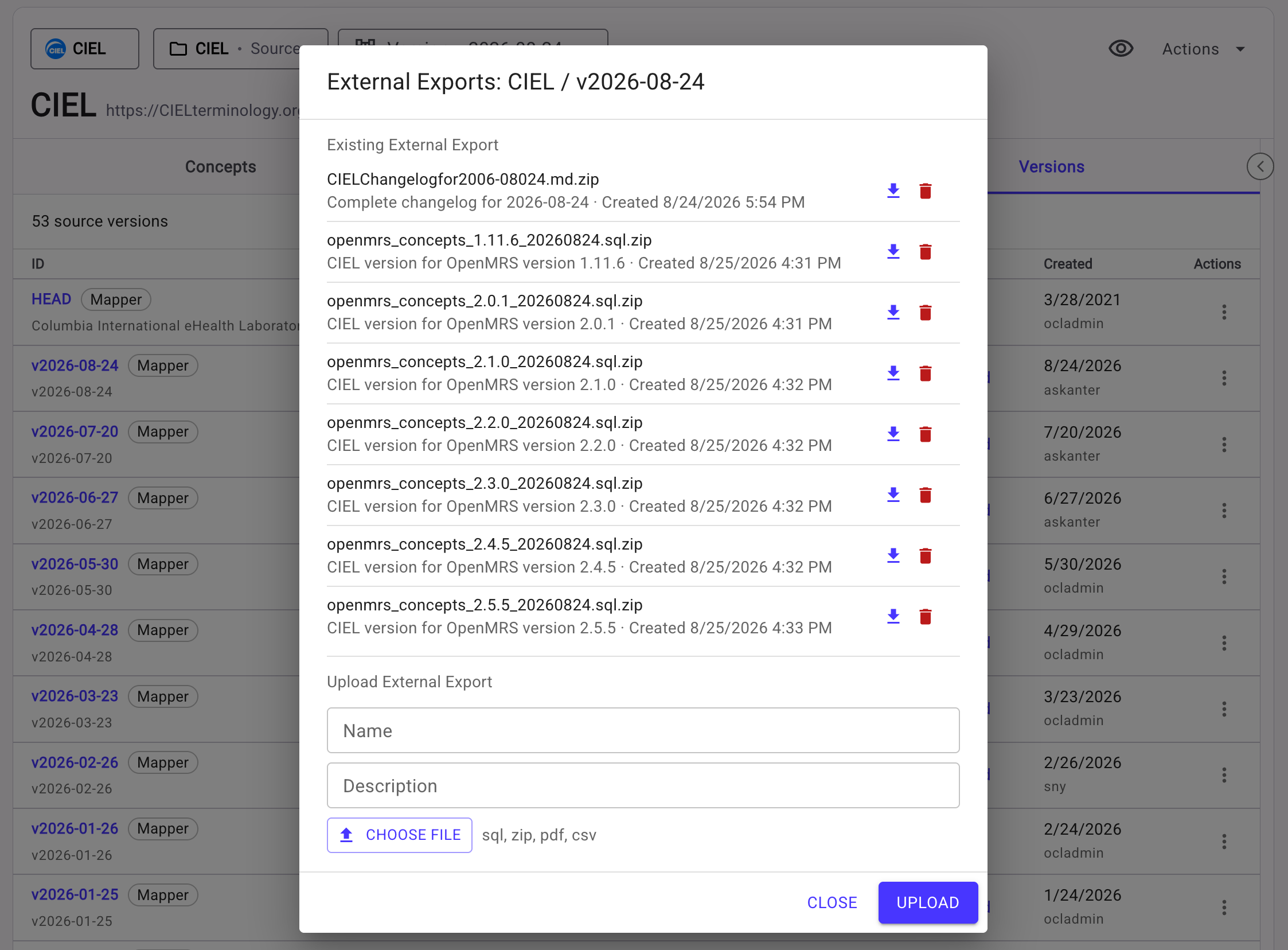 The list of external exports for a CIEL release version
