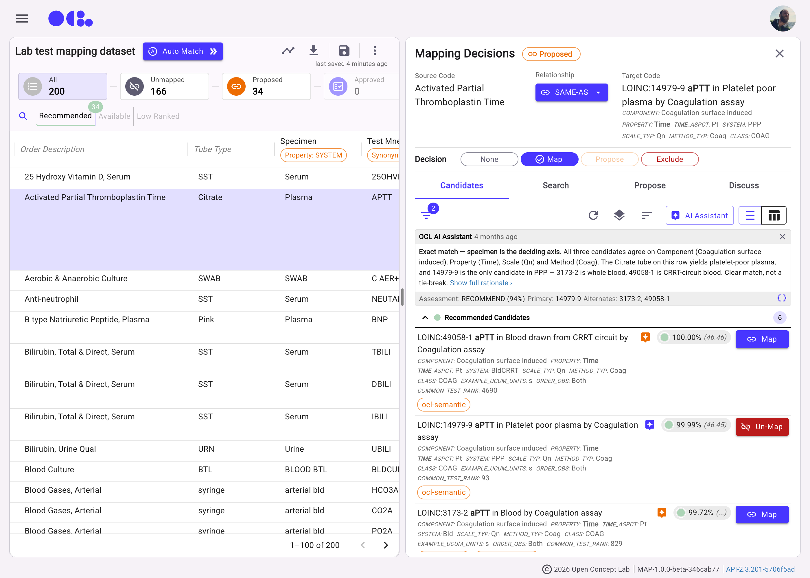 The OCL Mapper: a 200-row lab test mapping project with ranked LOINC candidates and the OCL AI Assistant's rationale for the recommended match