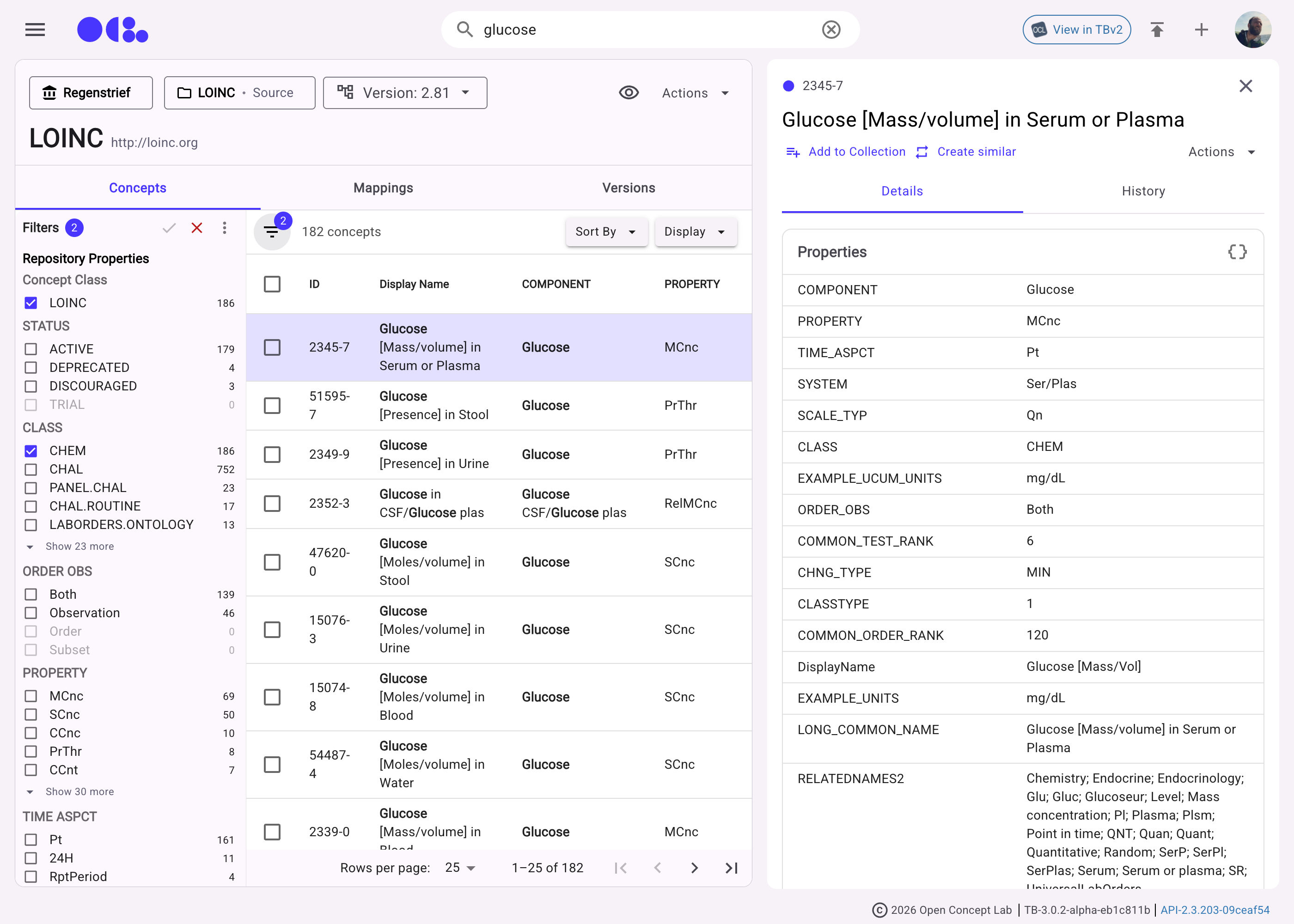 The OCL TermBrowser: a search for “glucose” in LOINC 2.81, filtered to the CHEM class, with LOINC’s own properties as filters and table columns, and the full property list for LOINC 2345-7, Glucose [Mass/volume] in Serum or Plasma