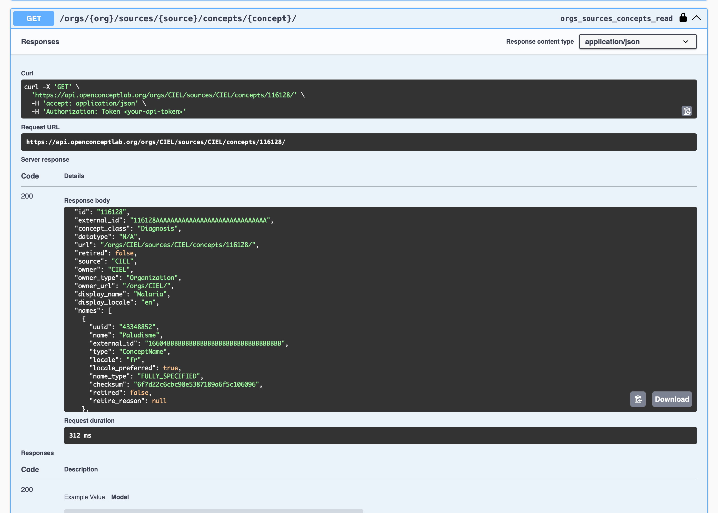 The OCL API reference in Swagger UI: a GET request for CIEL concept 116128, Malaria, with its curl command, request URL and JSON response